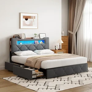 Gestoffeerd tweepersoonsbed, 140 x 190 cm, met ledverlichting, met 4 lades, met lattenbodem, grijs Gestoffeerd tweepersoonsbed, 140 x 190 cm, met ledverlichting, met 4 lades, met lattenbodem, grijs