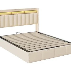 Gestoffeerd opbergbed 140 x 200 cm, met led- en usb-poorten, frame met decoratieve metalen siernagels, beige Gestoffeerd opbergbed 140 x 200 cm, met led- en usb-poorten, frame met decoratieve metalen siernagels, beige