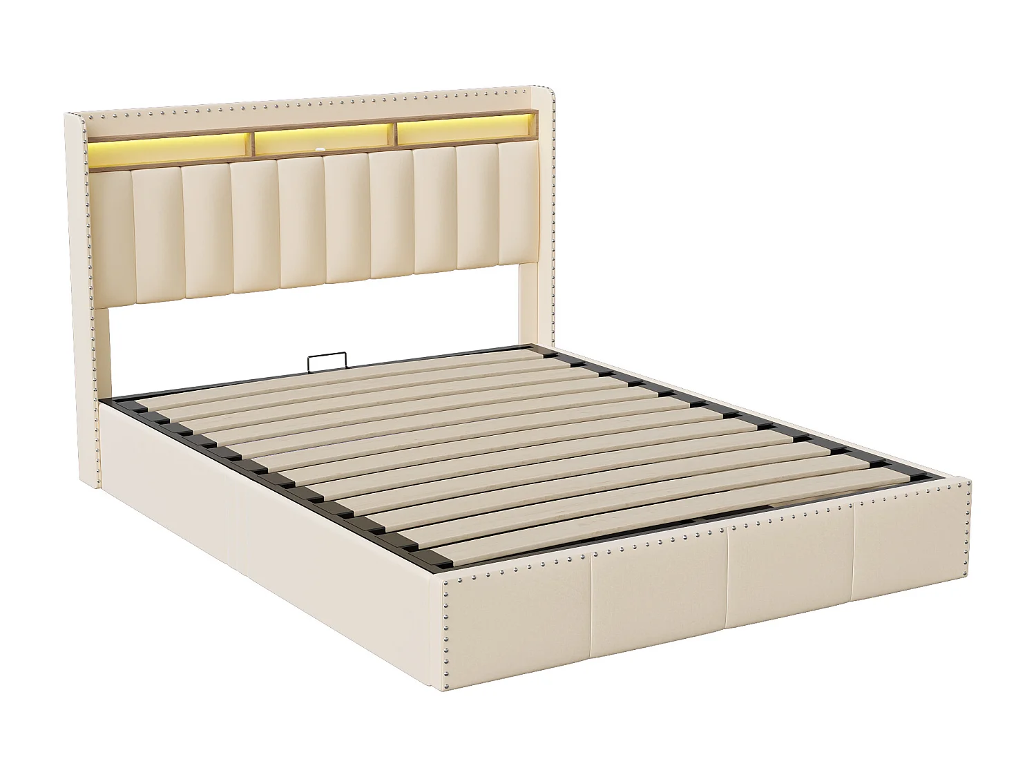 Gestoffeerd opbergbed 140 x 200 cm, met led- en usb-poorten, frame met decoratieve metalen siernagels, beige