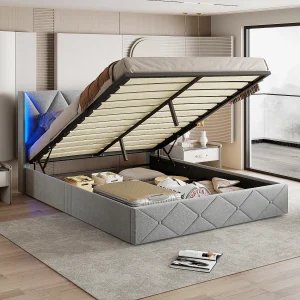 Gestoffeerd tweepersoonsbed, 140 x 200 cm, LED-verlichting, opbergruimte en lattenbodem, fluweel, grijs Gestoffeerd tweepersoonsbed, 140 x 200 cm, LED-verlichting, opbergruimte en lattenbodem, fluweel, grijs