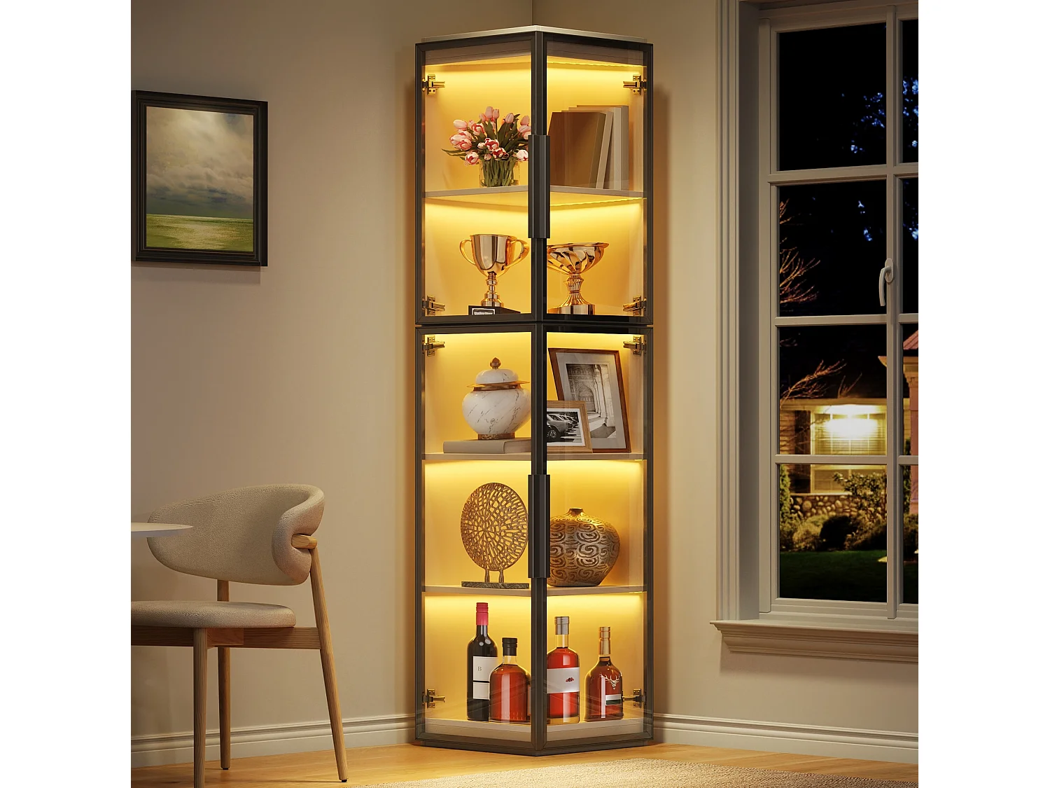 Glazen vitrinekast 170 cm hoog met LED-verlichting - Met 2 deuren en 5 planken - Transparant acryl - MDF - Wit