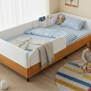 Gestoffeerd kinderbed 90×200 cm – met 2 opbergzakken – Fluweel + multiplex – Wit + Natuur (zonder matras) Gestoffeerd kinderbed 90×200 cm – met 2 opbergzakken – Fluweel + multiplex – Wit + Natuur (zonder matras)