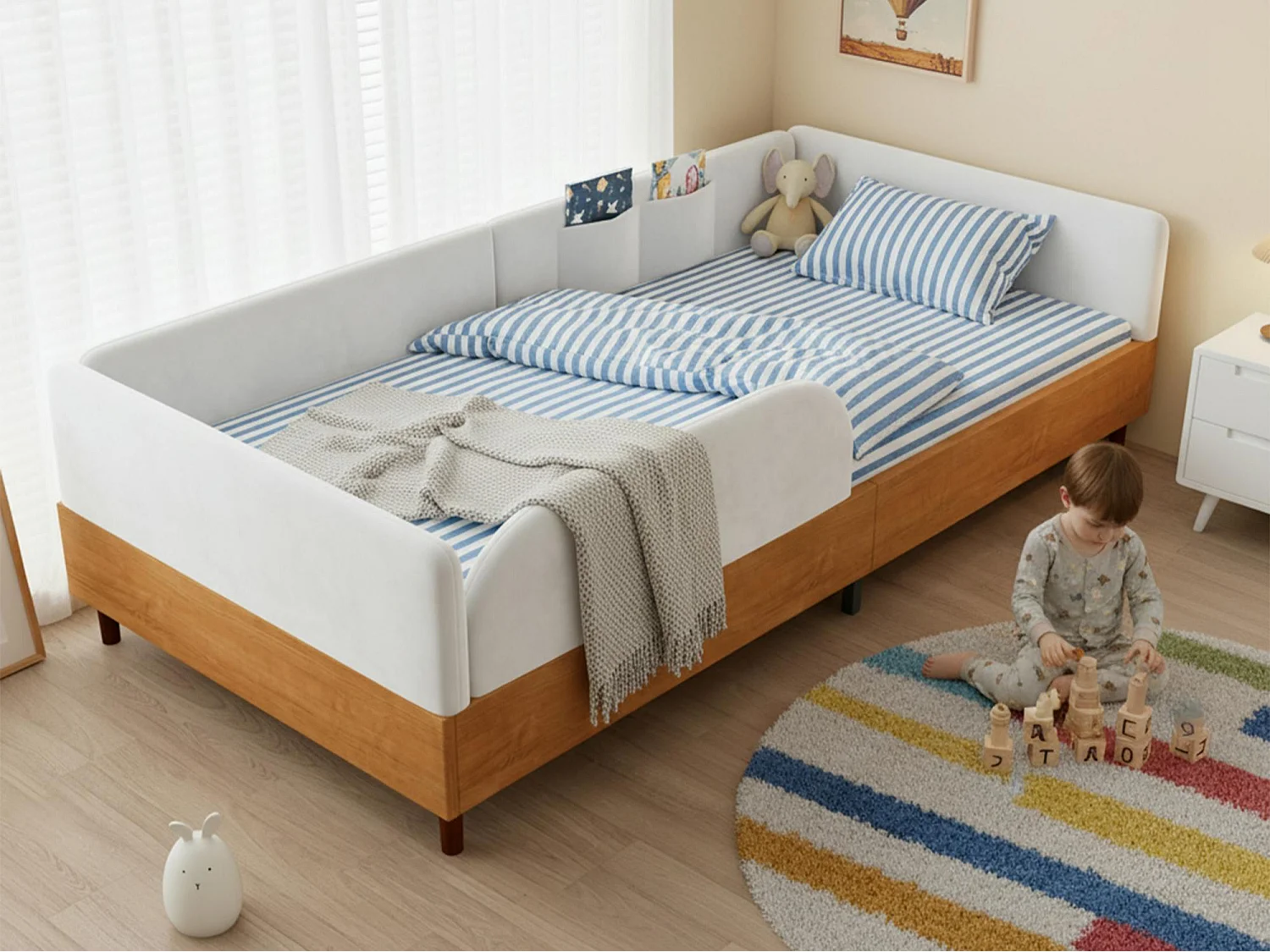 Gestoffeerd kinderbed 90x200 cm - met 2 opbergzakken - Fluweel + multiplex - Wit + Natuur (zonder matras)