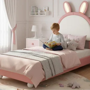 Gestoffeerd kinderbed 90×200 cm – hoofdeinde in konijnvorm – met LED-licht – PU + multiplex – Roze (zonder matras) Gestoffeerd kinderbed 90×200 cm – hoofdeinde in konijnvorm – met LED-licht – PU + multiplex – Roze (zonder matras)