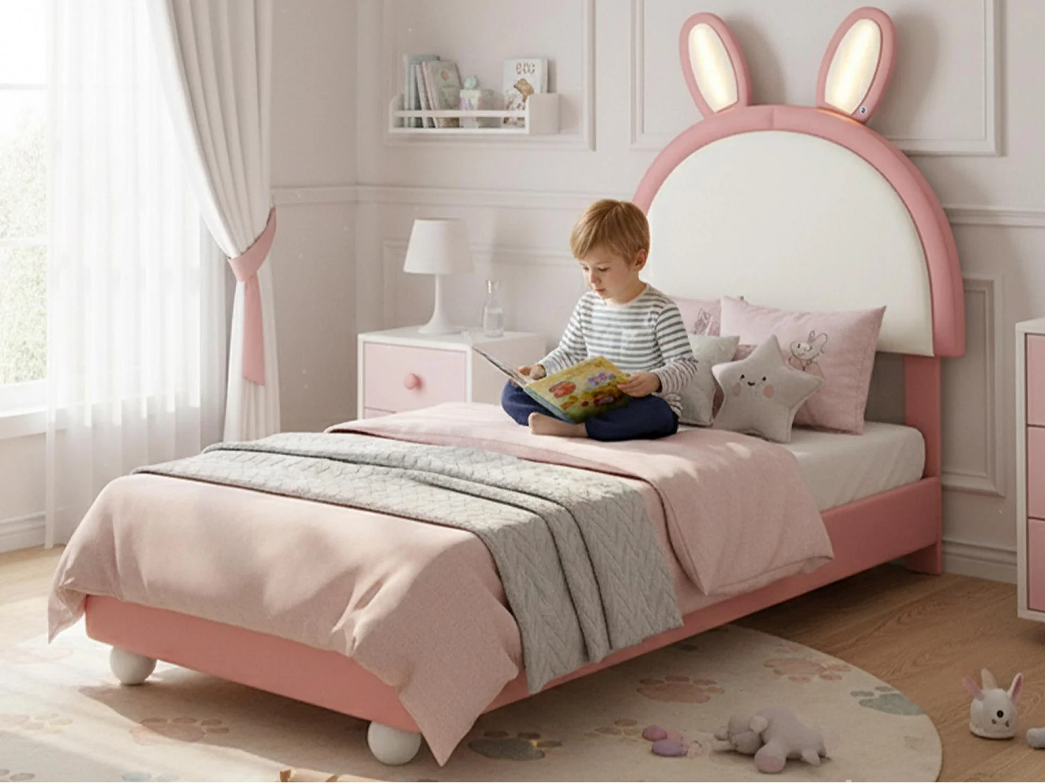 Gestoffeerd kinderbed 90x200 cm - hoofdeinde in konijnvorm - met LED-licht - PU + multiplex - Roze (zonder matras)