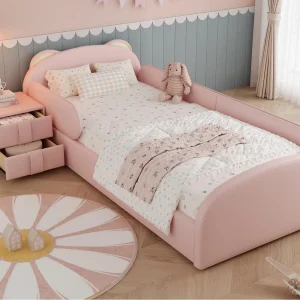 Gestoffeerd kinderbed 90×200 cm – hoofdeinde in berenvorm – met nachtkastje – PU + multiplex – Roze (zonder matras) Gestoffeerd kinderbed 90×200 cm – hoofdeinde in berenvorm – met nachtkastje – PU + multiplex – Roze (zonder matras)