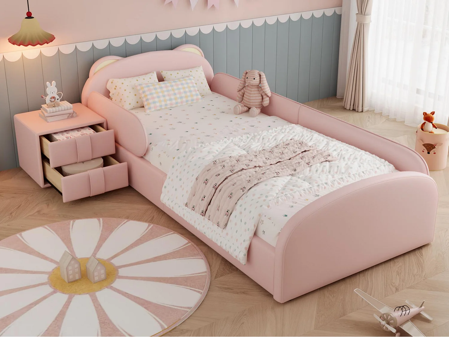 Gestoffeerd kinderbed 90x200 cm - hoofdeinde in berenvorm - met nachtkastje - PU + multiplex - Roze (zonder matras)