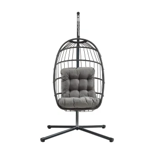 Hangstoel met standaard – rotan – zwart – binnen, buiten en tuin – incl. kussen