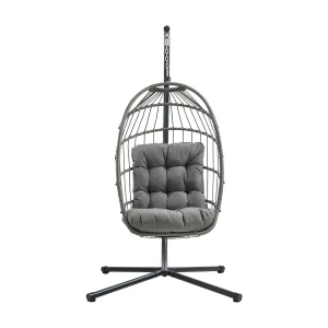 Hangstoel met standaard – rotan – grijs – binnen, buiten en tuin – incl. kussen