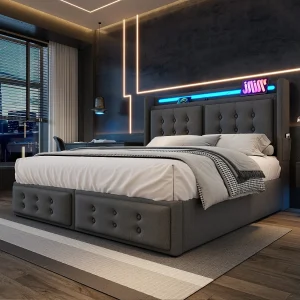 Gestoffeerd bed 160×200 cm van katoen-linnen, grijs, met opbergruimte, LED en USB-C