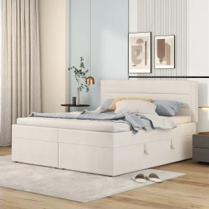 Gestoffeerd bed 140×200 cm beige met metalen framebodem, grote opbergruimte, tweezijdige opening
