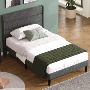Gestoffeerd bed 90 x 200 cm, bedframe met lattenbodem & hoofdbord, in grijs linnen, tijdloos modern ontwerp
