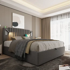 Gestoffeerd bed 140×200 cm, met opbergruimte, USB-leeslamp en verstelbare hoofdbord in grijs Gestoffeerd bed 140×200 cm, met opbergruimte, USB-leeslamp en verstelbare hoofdbord in grijs