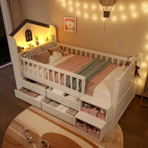 Halfhoog Bed 90×200 cm in de Vorm van een Huis met Ramen, 4 Lades, LED Strip, Opslagladder, zonder Matras, Wit Halfhoog Bed 90×200 cm in de Vorm van een Huis met Ramen, 4 Lades, LED Strip, Opslagladder, zonder Matras, Wit