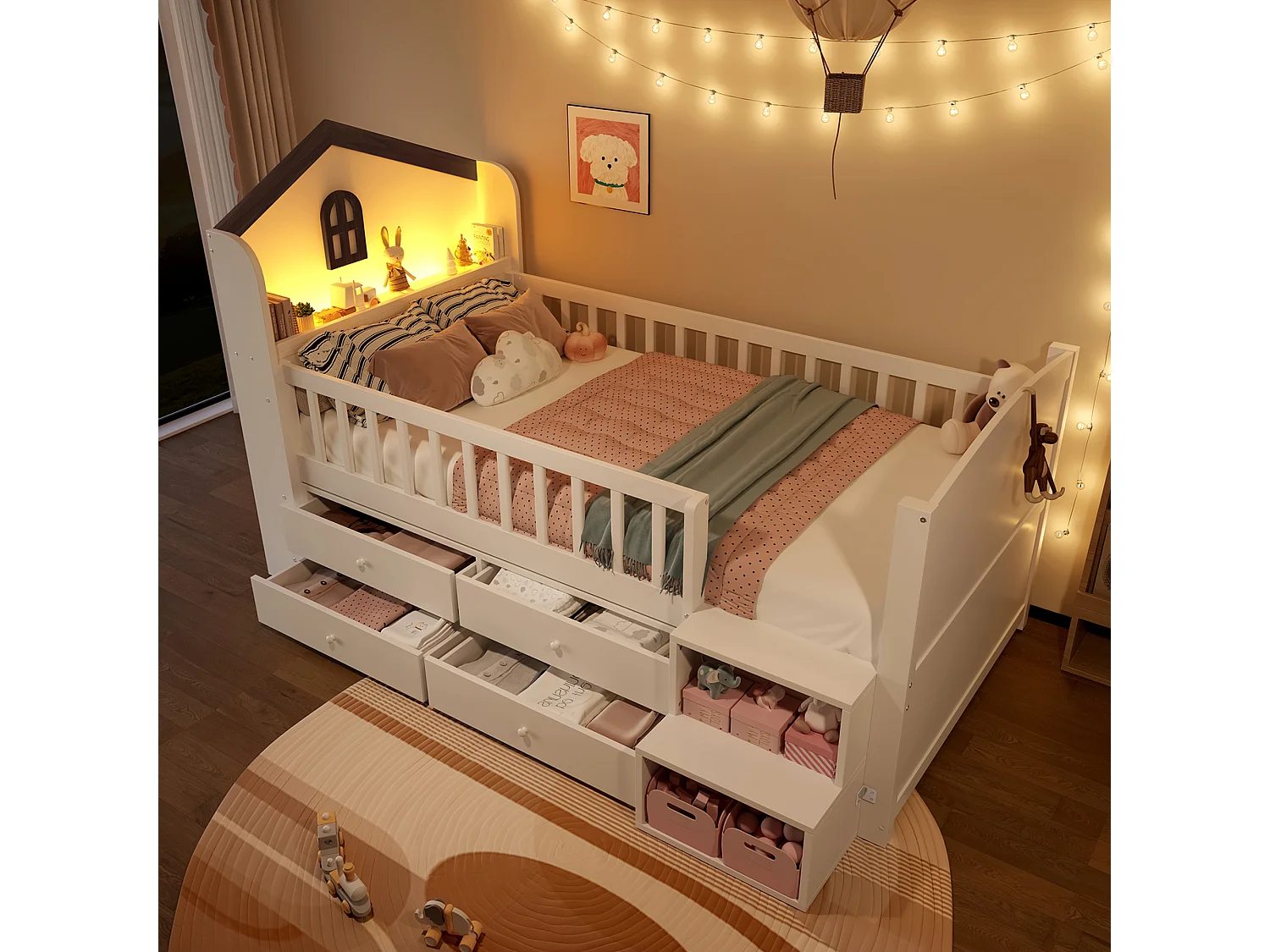 Halfhoog Bed 90x200 cm in de Vorm van een Huis met Ramen, 4 Lades, LED Strip, Opslagladder, zonder Matras, Wit