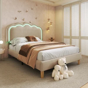Gestoffeerd bed 90×190 cm van linnen, beige, LED-hoofdbord en verstelbaar hoofdeinde