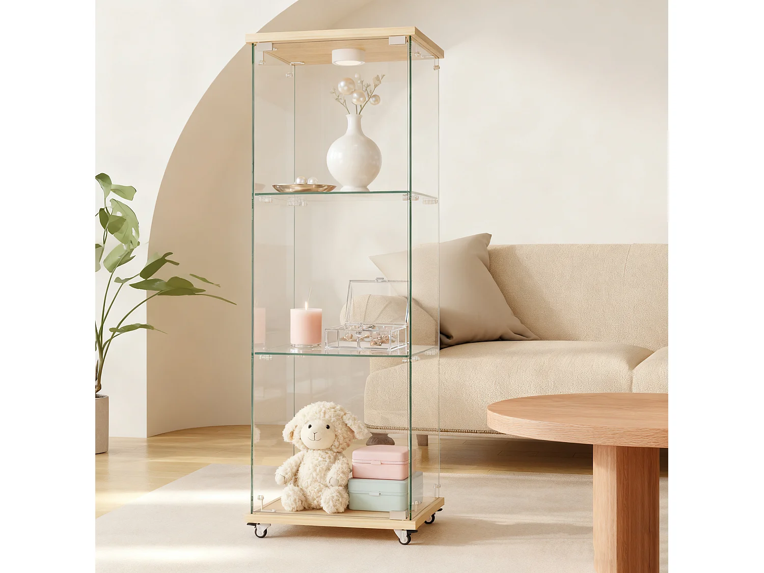 Glazen vitrinekast op wielen met ledverlichting en 3 schappen, 42,5 x 36,5 x 121,7 cm