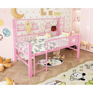 Halfhoog bed 90 x 200 cm met opbergruimte – Metalen frame – Roze Halfhoog bed 90 x 200 cm met opbergruimte – Metalen frame – Roze