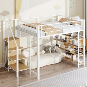 Halfhoogslaper 140×200 cm met planken en kledingkast, metaal en wit MDF-hout Halfhoogslaper 140×200 cm met planken en kledingkast, metaal en wit MDF-hout