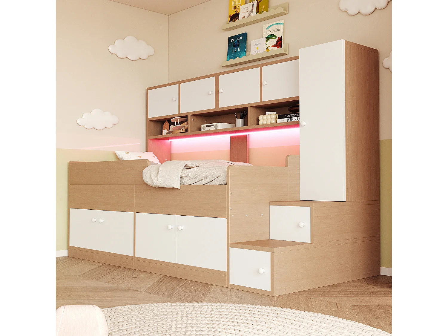 Halfhoog bed 90x200 cm met ledverlichting, opbergruimte en kledingkast - Wit en licht naturel hout