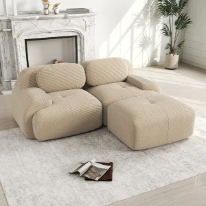 Hoekbank met gebogen armleuningen en gewatteerde rugleuning – beige ribfluweel Hoekbank met gebogen armleuningen en gewatteerde rugleuning – beige ribfluweel