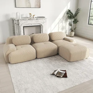 Hoekbank 3-zits met gevoerde rugleuning en voetenbank – beige corduroy Hoekbank 3-zits met gevoerde rugleuning en voetenbank – beige corduroy