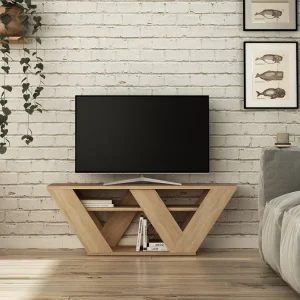 Hedendaagse design TV-meubel van 110 cm in hout met ruime planken en warme eiken kleur Hedendaagse design TV-meubel van 110 cm in hout met ruime planken en warme eiken kleur