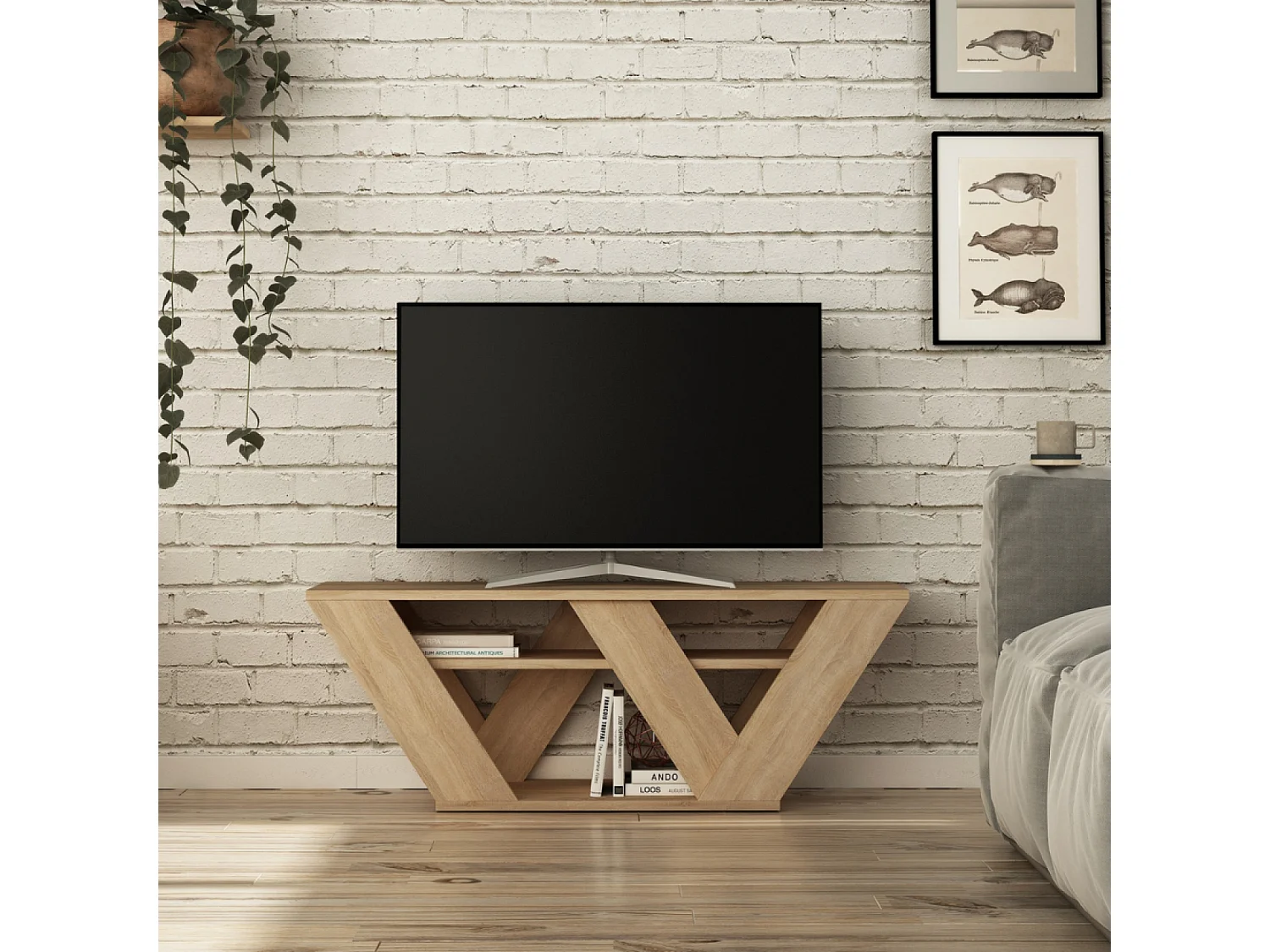 Hedendaagse design TV-meubel van 110 cm in hout met ruime planken en warme eiken kleur