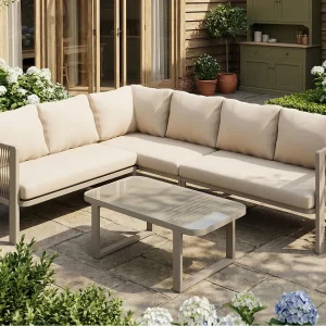 Hoek Tuinsalon 6 Personen met Glazen Salontafel – Armleuningen van Gevlochten Teslin Koord – Frame van Gegalvaniseerd Staal – Kaki Hoek Tuinsalon 6 Personen met Glazen Salontafel – Armleuningen van Gevlochten Teslin Koord – Frame van Gegalvaniseerd Staal – Kaki