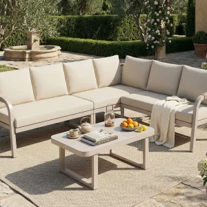 Hoek Tuinsalon 6 Personen – Hoekbank met Gevlochten Koord Afwerking – Salontafel van Gehard Glas – Robuust Gegalvaniseerd Staal Frame – Beige Hoek Tuinsalon 6 Personen – Hoekbank met Gevlochten Koord Afwerking – Salontafel van Gehard Glas – Robuust Gegalvaniseerd Staal Frame – Beige