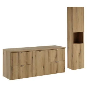 Hangend Set VANO eiken look 170cm: onderkasten met laden en ingebouwde wasmand + wastafelblad + kolom