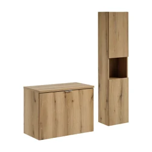 Hangend badkamermeubelset VANO eikenlook 110cm: onderkasten met deuren + blad voor wastafel + kolomkast Hangend badkamermeubelset VANO eikenlook 110cm: onderkasten met deuren + blad voor wastafel + kolomkast