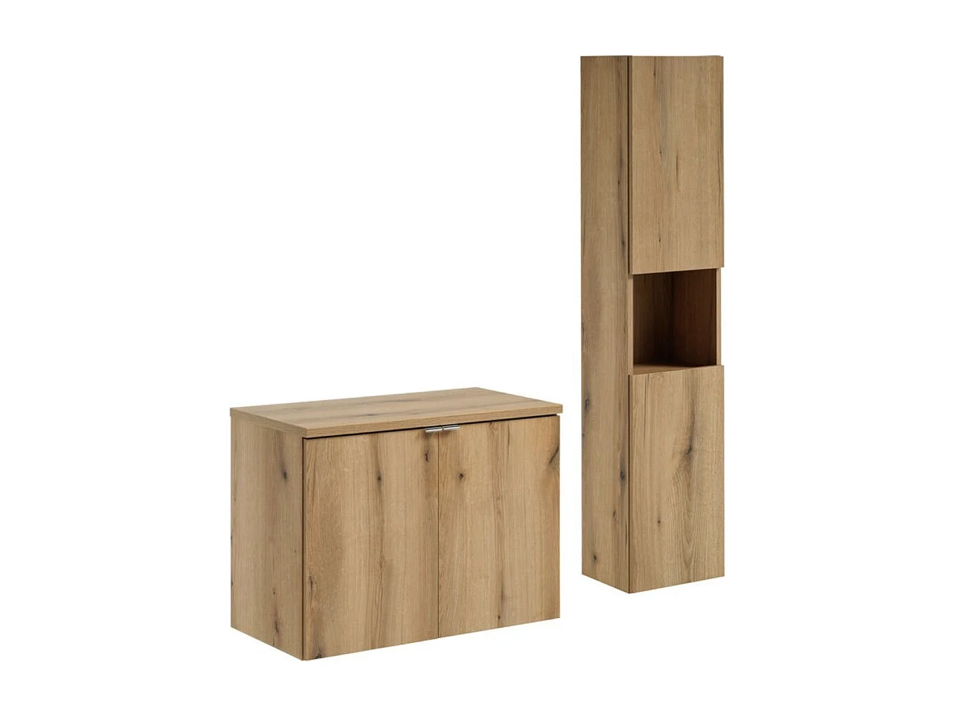 Hangend badkamermeubelset VANO eikenlook 110cm: onderkasten met deuren + blad voor wastafel + kolomkast