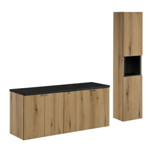 Hangend badkamermeubelset VANO eiken en zwart 170cm: kasten onder wastafel + wastafelblad + kolomkast Hangend badkamermeubelset VANO eiken en zwart 170cm: kasten onder wastafel + wastafelblad + kolomkast