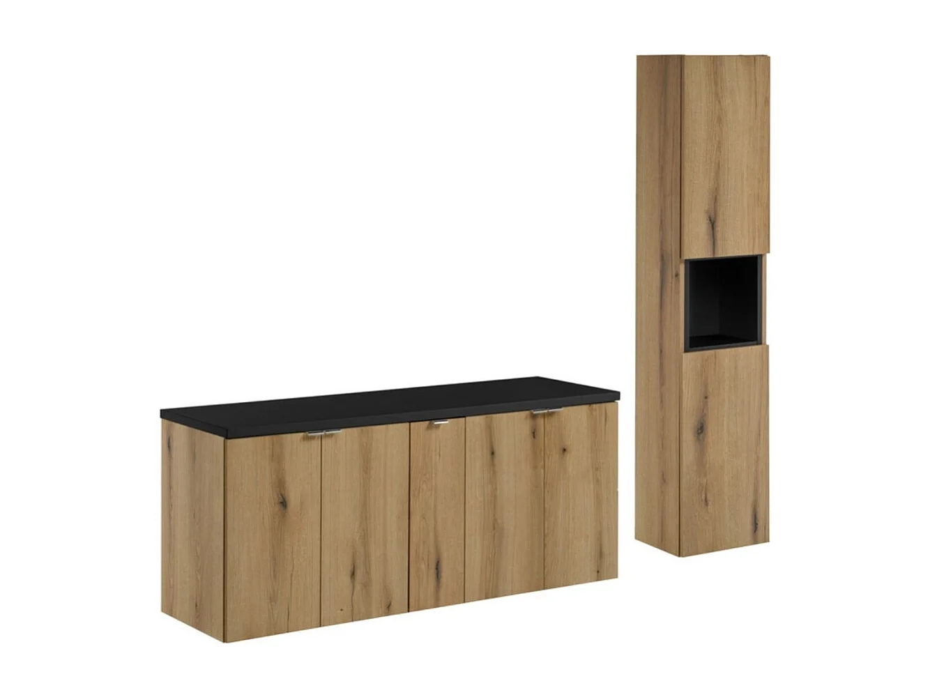 Hangend badkamermeubelset VANO eiken en zwart 170cm: kasten onder wastafel + wastafelblad + kolomkast