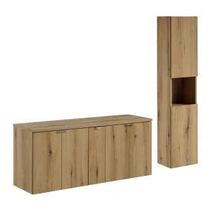 Hangende badkamerset VANO eiken look 170cm: onderkasten met kasten + blad voor wastafel + kolom