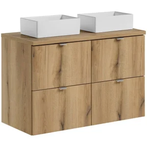 Gehangen set VANO eiken look 100cm: onderkast met lades + blad voor wastafel + rechthoekige opzetwastafels