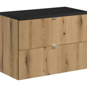 Hangend badkamermeubelset VANO eiken en zwart 80cm: onderkast met lades + blad voor wastafel Hangend badkamermeubelset VANO eiken en zwart 80cm: onderkast met lades + blad voor wastafel