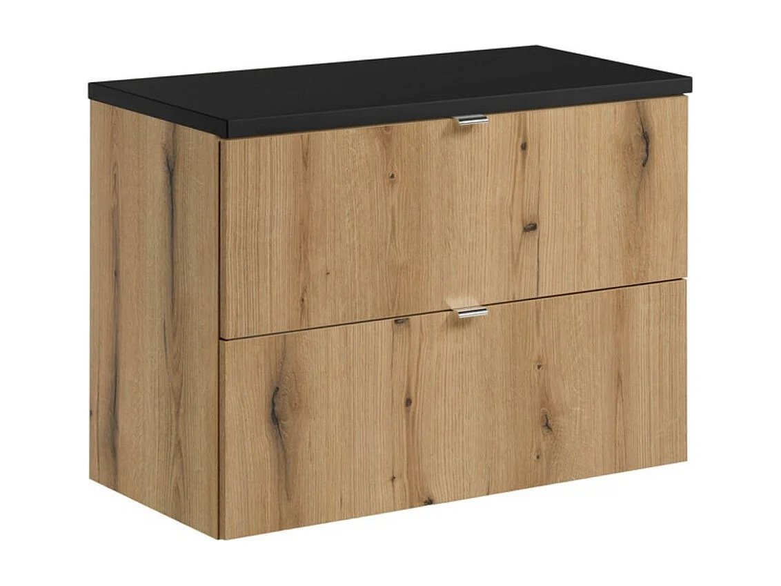 Hangend badkamermeubelset VANO eiken en zwart 80cm: onderkast met lades + blad voor wastafel