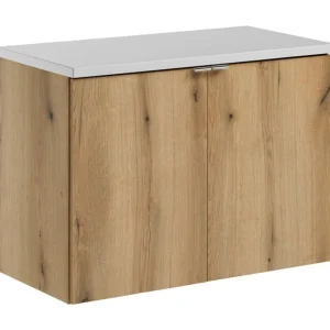 Hangend badkamermeubelset VANO eiken en wit uiterlijk 80cm: onderkastmeubels met kasten + plan voor wastafel Hangend badkamermeubelset VANO eiken en wit uiterlijk 80cm: onderkastmeubels met kasten + plan voor wastafel