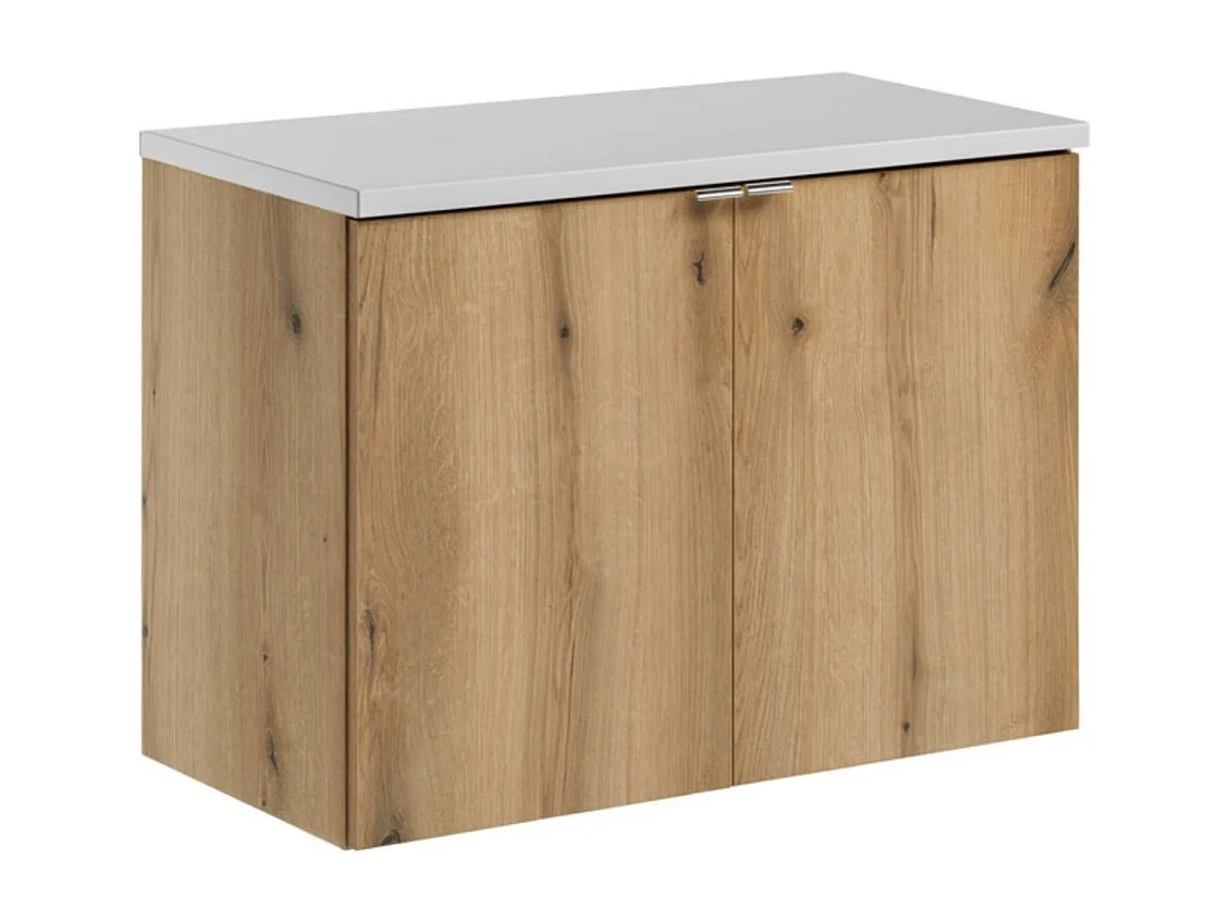 Hangend badkamermeubelset VANO eiken en wit uiterlijk 80cm: onderkastmeubels met kasten + plan voor wastafel
