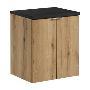 Hangend badkamermeubelset VANO in eiken en zwart 50cm: onderkasten met deuren + blad voor wastafel Hangend badkamermeubelset VANO in eiken en zwart 50cm: onderkasten met deuren + blad voor wastafel