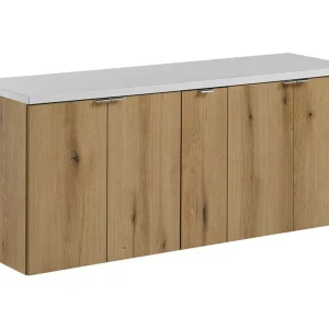 Hangende badkamerset VANO eiken en wit uiterlijk 140cm : onderkasten met kasten + plan voor wastafel
