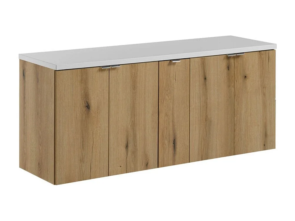 Hangende badkamerset VANO eiken en wit uiterlijk 140cm : onderkasten met kasten + plan voor wastafel