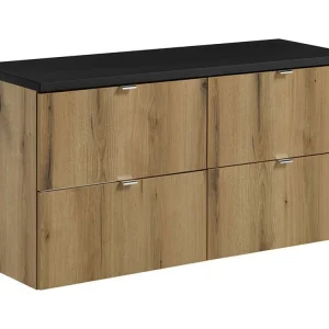 Hangend badkamermeubelset VANO eiken- en zwartlook 120cm: onderkast met lades + blad voor wastafel Hangend badkamermeubelset VANO eiken- en zwartlook 120cm: onderkast met lades + blad voor wastafel