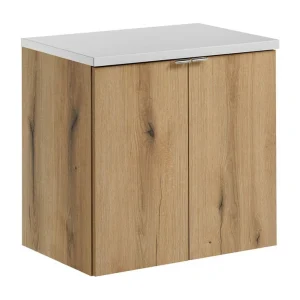 Hangend badkamermeubelset VANO in eiken en wit 60cm: onderkast met kastdeuren + blad voor wastafel Hangend badkamermeubelset VANO in eiken en wit 60cm: onderkast met kastdeuren + blad voor wastafel