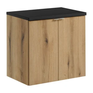 Hangend badkamermeubelset VANO in eiken en zwart uiterlijk 60cm: onderkast met kasten + blad voor wastafel Hangend badkamermeubelset VANO in eiken en zwart uiterlijk 60cm: onderkast met kasten + blad voor wastafel