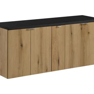 Hangend badkamermeubelset VANO in eiken en zwart 140cm: onderkasten met deuren + blad voor wastafel Hangend badkamermeubelset VANO in eiken en zwart 140cm: onderkasten met deuren + blad voor wastafel