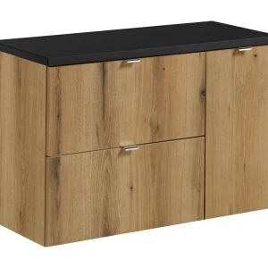 Hangende badkamerset VANO in eiken en zwart uiterlijk 90cm: onderkast met lades en kastjes + blad voor wastafel Hangende badkamerset VANO in eiken en zwart uiterlijk 90cm: onderkast met lades en kastjes + blad voor wastafel