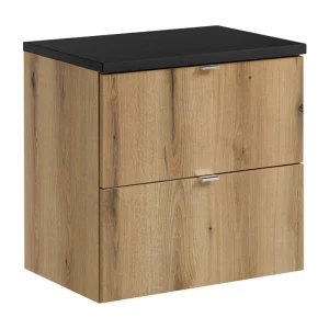 Hangend badkamermeubelset VANO in eiken en zwart uiterlijk 60cm: onderkast met lades + blad voor wastafel Hangend badkamermeubelset VANO in eiken en zwart uiterlijk 60cm: onderkast met lades + blad voor wastafel